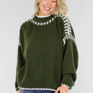 NEW191225 Groene Gebreide Trui met Witte Details