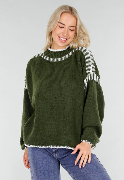 NEW191225 Groene Gebreide Trui met Witte Details