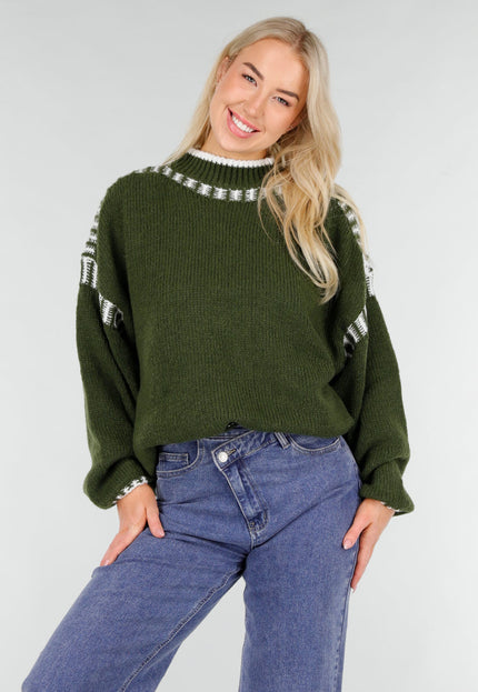 NEW191225 Groene Gebreide Trui met Witte Details