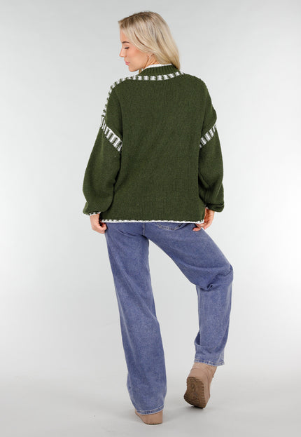 NEW191225 Groene Gebreide Trui met Witte Details