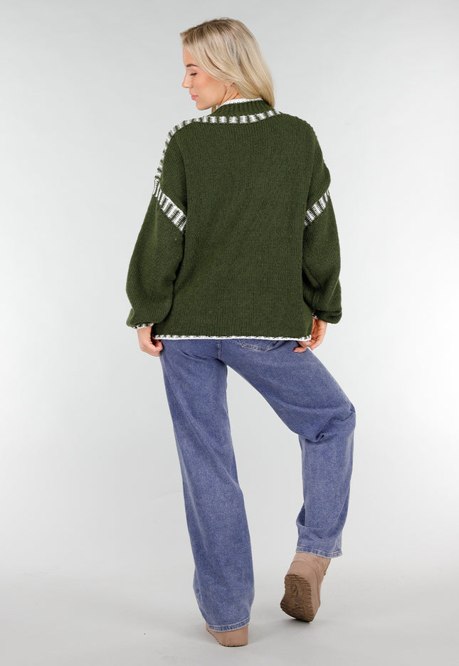 NEW191225 Groene Gebreide Trui met Witte Details