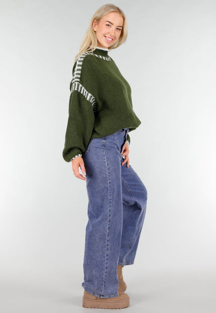 NEW191225 Groene Gebreide Trui met Witte Details