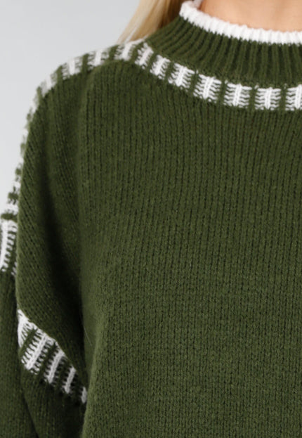 NEW191225 Groene Gebreide Trui met Witte Details