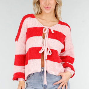 NEW191225 Roze Rood Gestreept Vest met Striksluiting