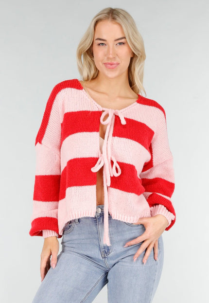 NEW191225 Roze Rood Gestreept Vest met Striksluiting