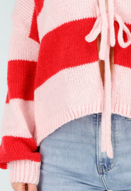 NEW191225 Roze Rood Gestreept Vest met Striksluiting