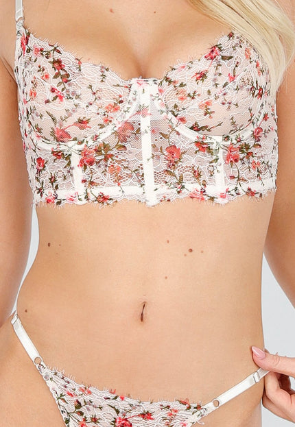 NEW191225 Witte Gebloemde Lingerie Set