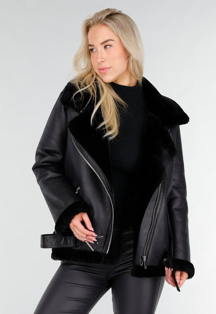 NEW191225 Zwarte Biker Jas met Faux Fur