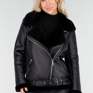 NEW191225 Zwarte Biker Jas met Faux Fur