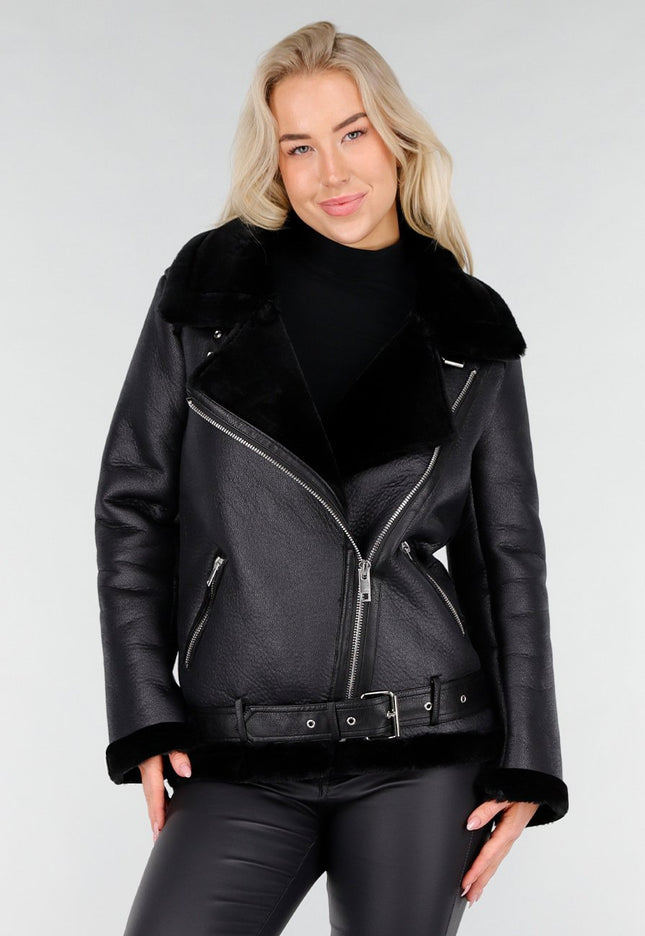 NEW191225 Zwarte Biker Jas met Faux Fur