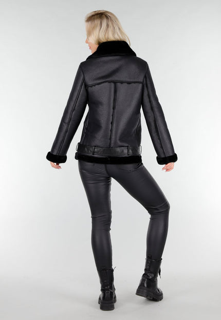 NEW191225 Zwarte Biker Jas met Faux Fur