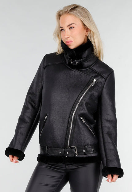 NEW191225 Zwarte Biker Jas met Faux Fur