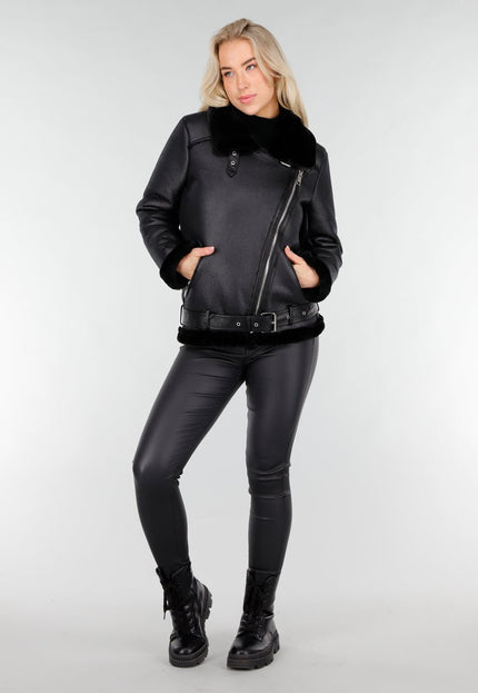 NEW191225 Zwarte Biker Jas met Faux Fur