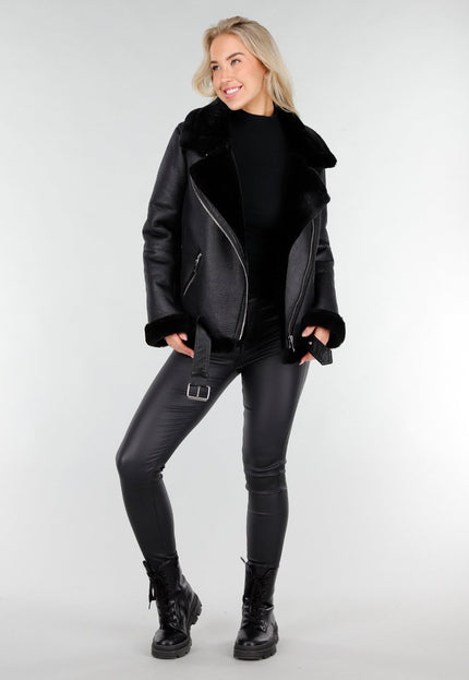 NEW191225 Zwarte Biker Jas met Faux Fur