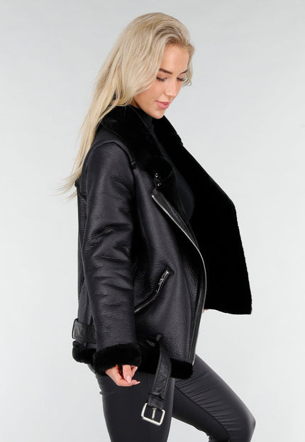 NEW191225 Zwarte Biker Jas met Faux Fur