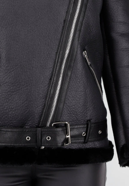 NEW191225 Zwarte Biker Jas met Faux Fur