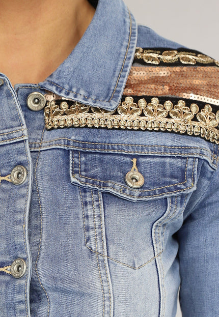 OP=OP.33.NL Blauw Boho Spijkerjasje met Pailletten