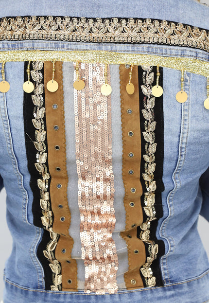 OP=OP.33.NL Blauw Boho Spijkerjasje met Pailletten