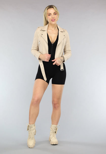 OP=OP.42.NL Cropped Beige Leren Jack met Zilveren Details