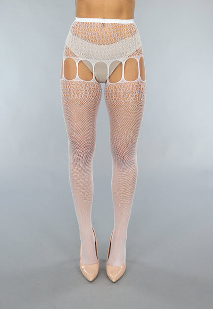 NEW2003 Witte Jarretel Look Fishnet Panty met Strass