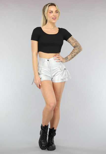 NEW2003 Zwart Top met Korte Mouwen en Korset Naden