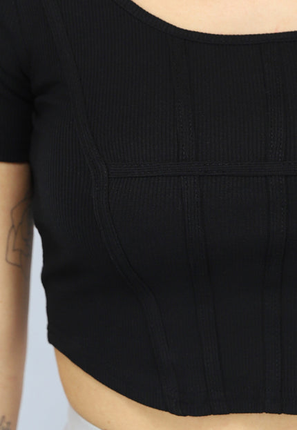 NEW2003 Zwart Top met Korte Mouwen en Korset Naden