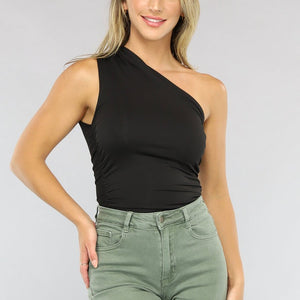 NEW2003 Zwarte Geplooide One Shoulder Top
