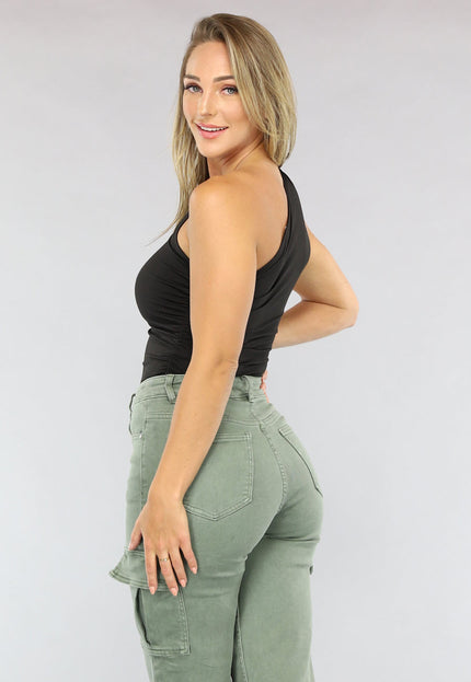 NEW2003 Zwarte Geplooide One Shoulder Top