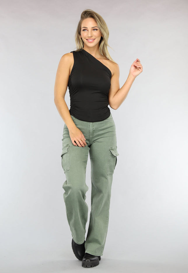 NEW2003 Zwarte Geplooide One Shoulder Top