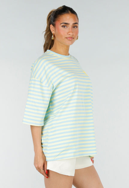 NEW200526 Blauw Geel Gestreepte Oversized T-shirt