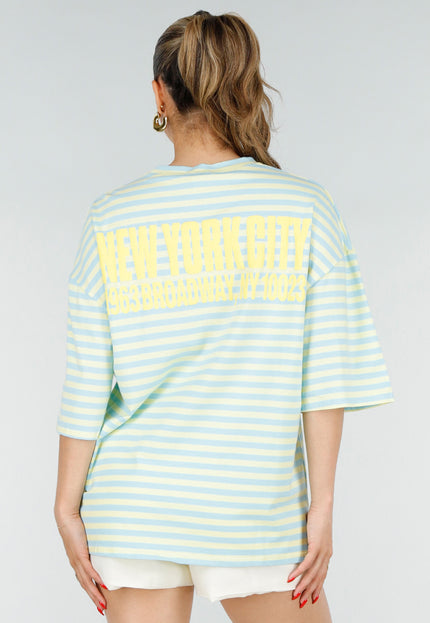NEW200526 Blauw Geel Gestreepte Oversized T-shirt