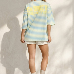 NEW200526 Blauw Geel Gestreepte Oversized T-shirt
