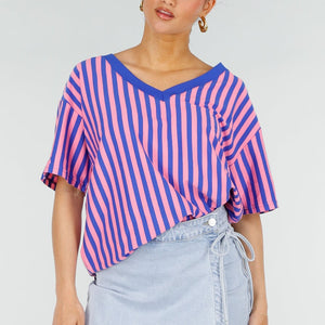 NEW200526 Blauw Roze Gestreepte Oversized T-shirt