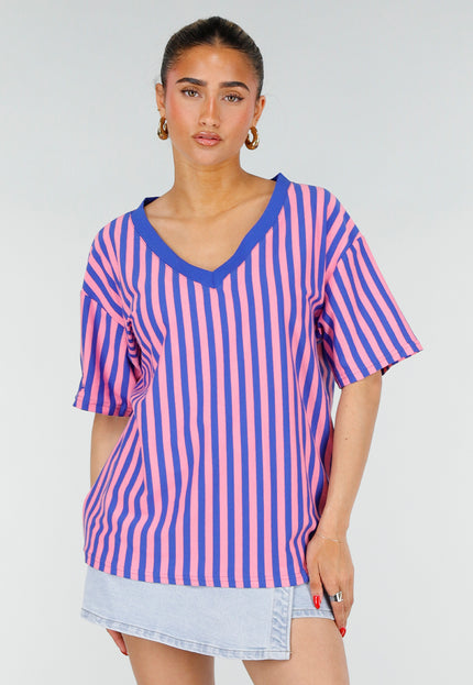 NEW200526 Blauw Roze Gestreepte Oversized T-shirt