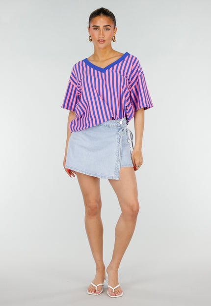 NEW200526 Blauw Roze Gestreepte Oversized T-shirt