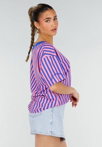 NEW200526 Blauw Roze Gestreepte Oversized T-shirt