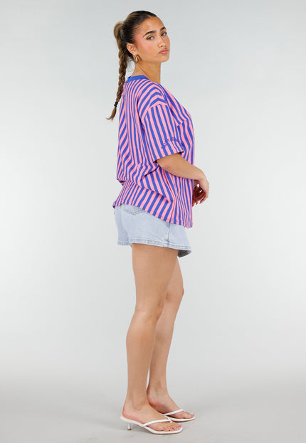 NEW200526 Blauw Roze Gestreepte Oversized T-shirt
