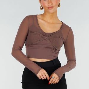 NEW200526 Bruine Mesh Crop Top met Pads