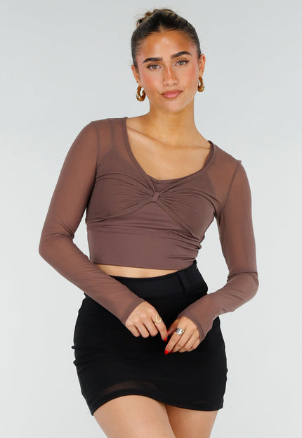 NEW200526 Bruine Mesh Crop Top met Pads