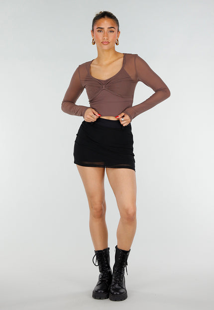 NEW200526 Bruine Mesh Crop Top met Pads