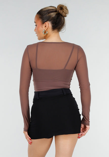NEW200526 Bruine Mesh Crop Top met Pads
