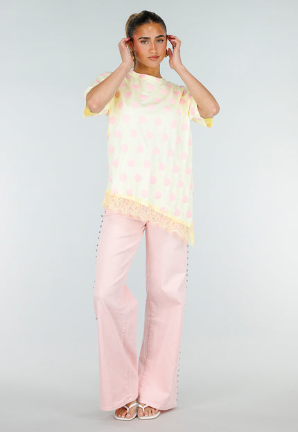 NEW200526 Butter Yellow T-Shirt met Roze Stippen