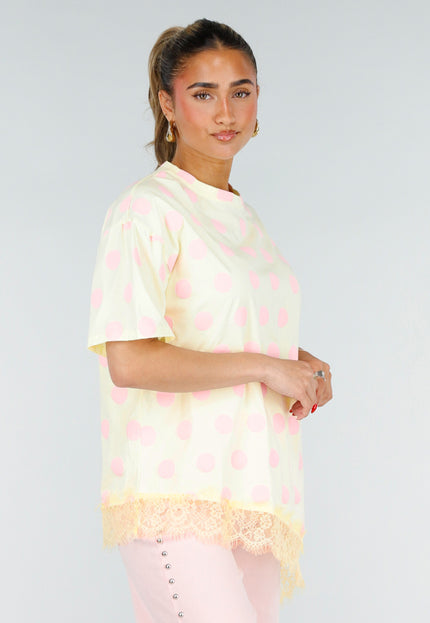 NEW200526 Butter Yellow T-Shirt met Roze Stippen