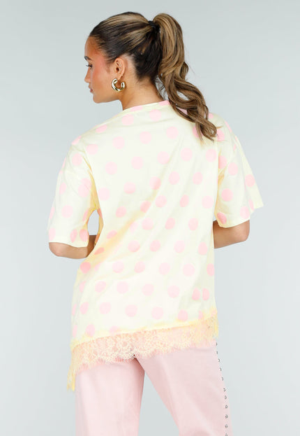 NEW200526 Butter Yellow T-Shirt met Roze Stippen