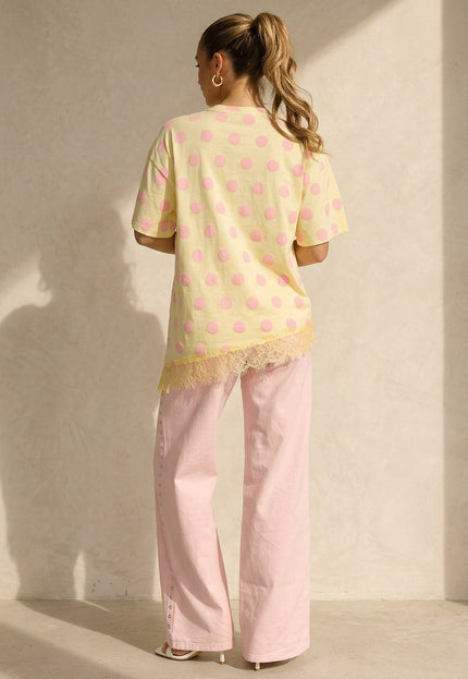 NEW200526 Butter Yellow T-Shirt met Roze Stippen