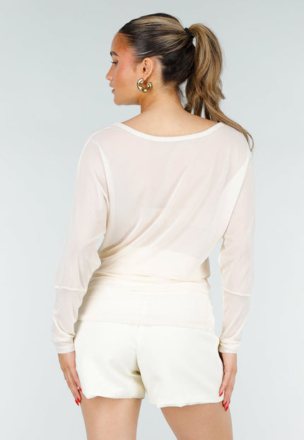 NEW200526 Crème Mesh Top met Lange Mouwen