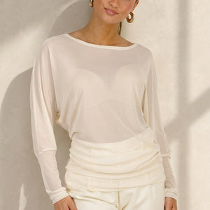 NEW200526 Crème Mesh Top met Lange Mouwen