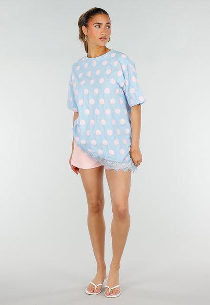 NEW200526 Lichtblauw T-Shirt met Roze Stippen