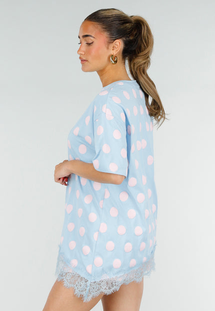 NEW200526 Lichtblauw T-Shirt met Roze Stippen