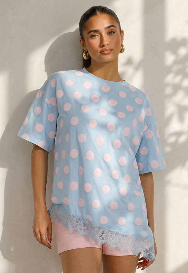 NEW200526 Lichtblauw T-Shirt met Roze Stippen